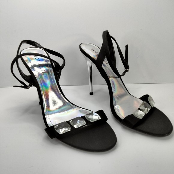 WET SEAL Sandals Ankle Strap Black Satin & Diamonds Silver 4.5" Stilettos Sz 9 - Picture 1 of 14